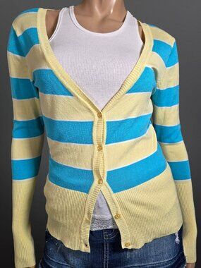Vintage Y2K Striped Fitted Cardigan Size L Yellow Turquoise Blue V Neck Preppy